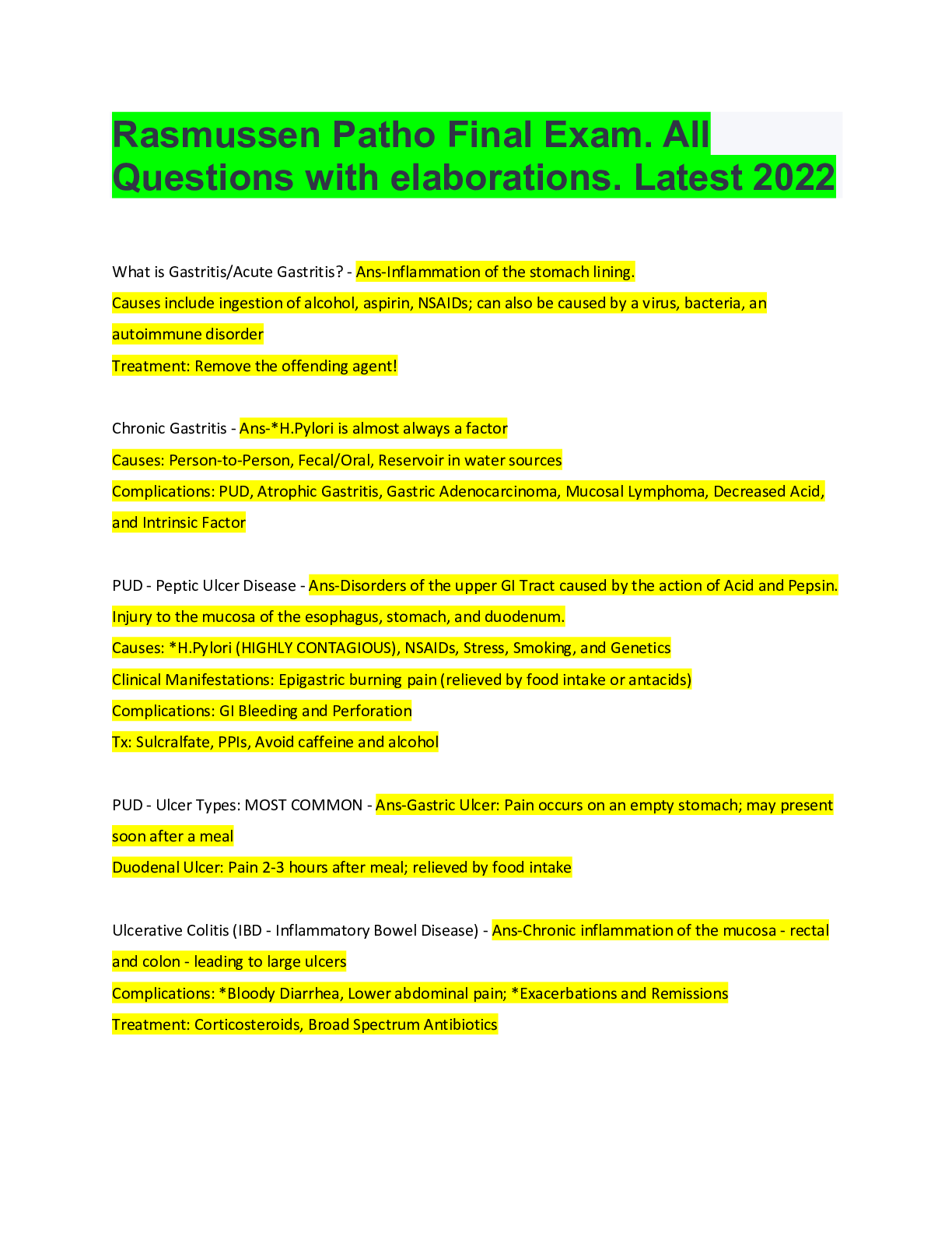 NUR 2063 Pathophysiology Rasmussen College Final Exam. All Questions with elaborations.